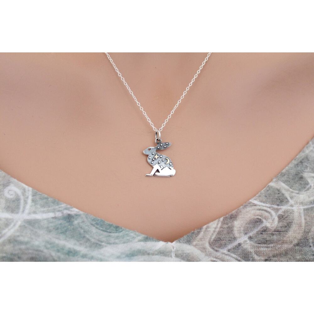 Sterling Silver Hare Charm with Bronze Star and Moon Necklace